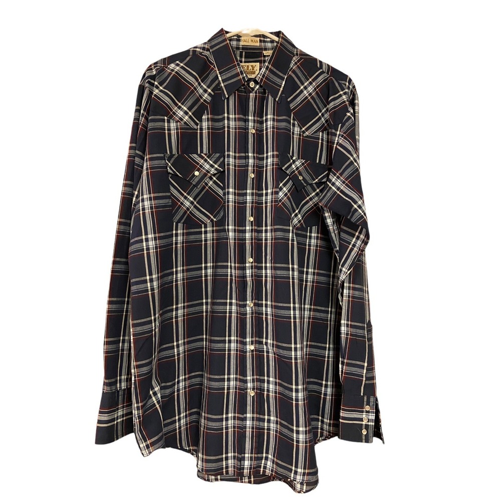 ELY CATTLEMAN Mens Blue White Maroon‎ Plaid Pearl Snap Western Shirt Large Tall